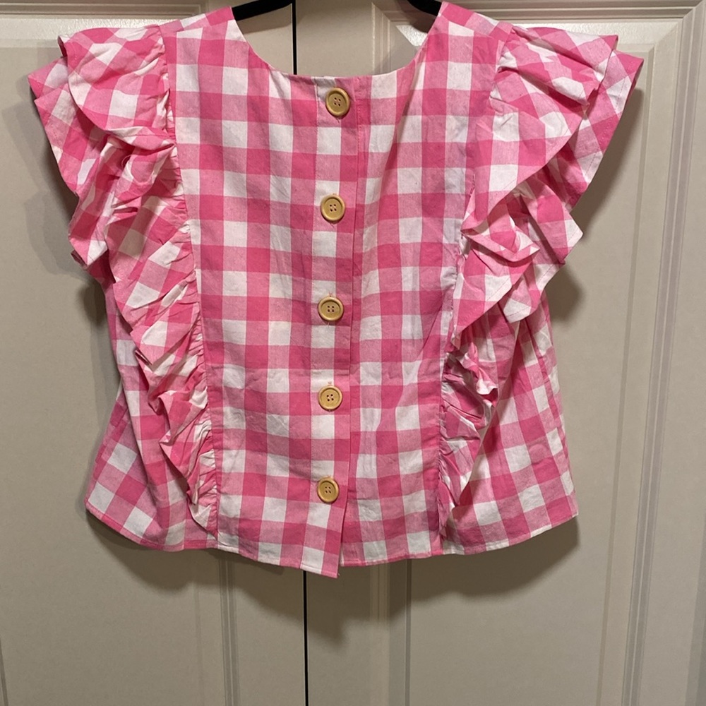 entro Pink and White Gingham Ruffle Sleeve Blouse - Picture 2 of 6